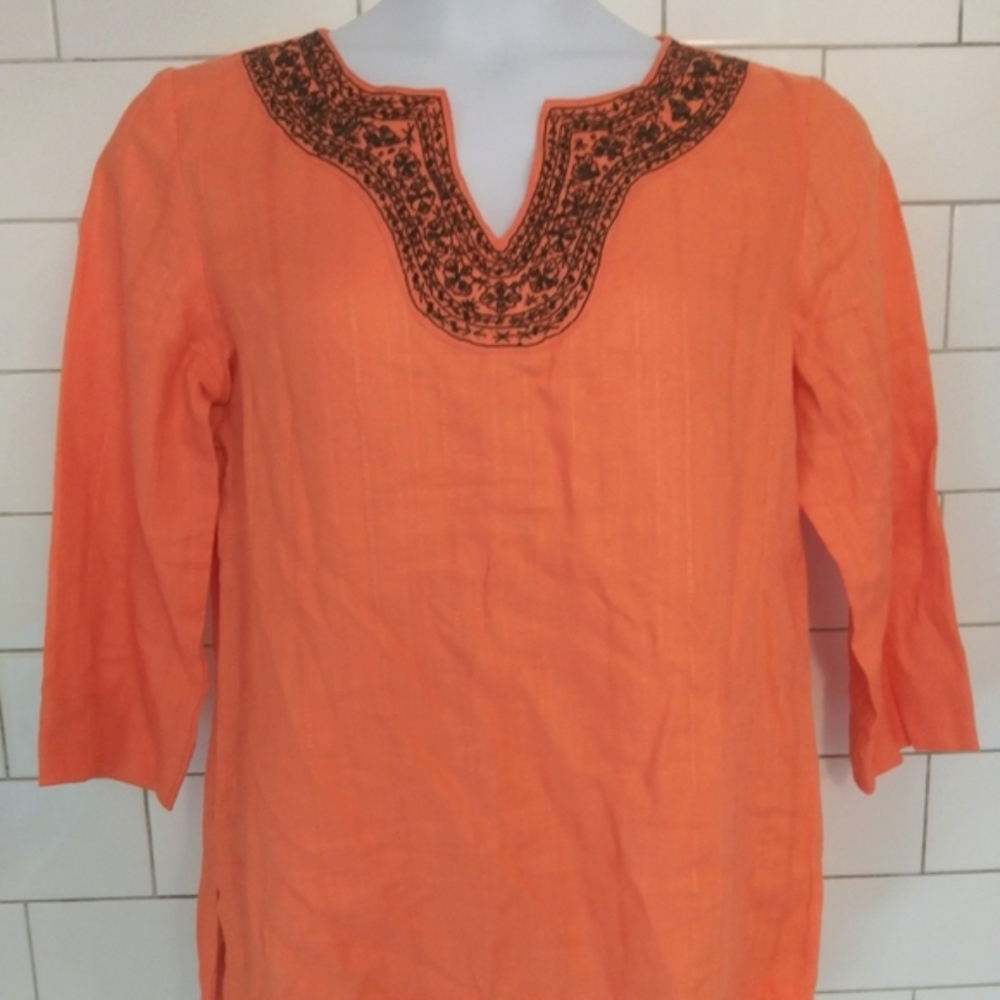 Michael Kors Large 100% Cotton BOHO Orange Tunic with Black Beaded Neckline